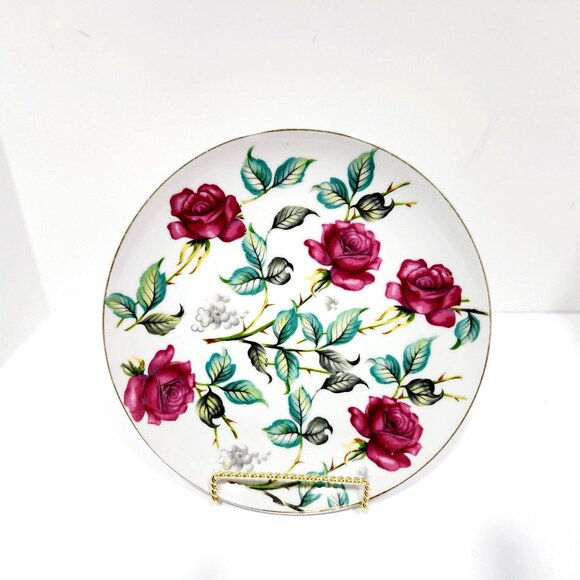 Vintage SAJI Japan Cake Plate – Large Round Porcelain Plate with Pink Roses, Gol - Picture 1 of 7